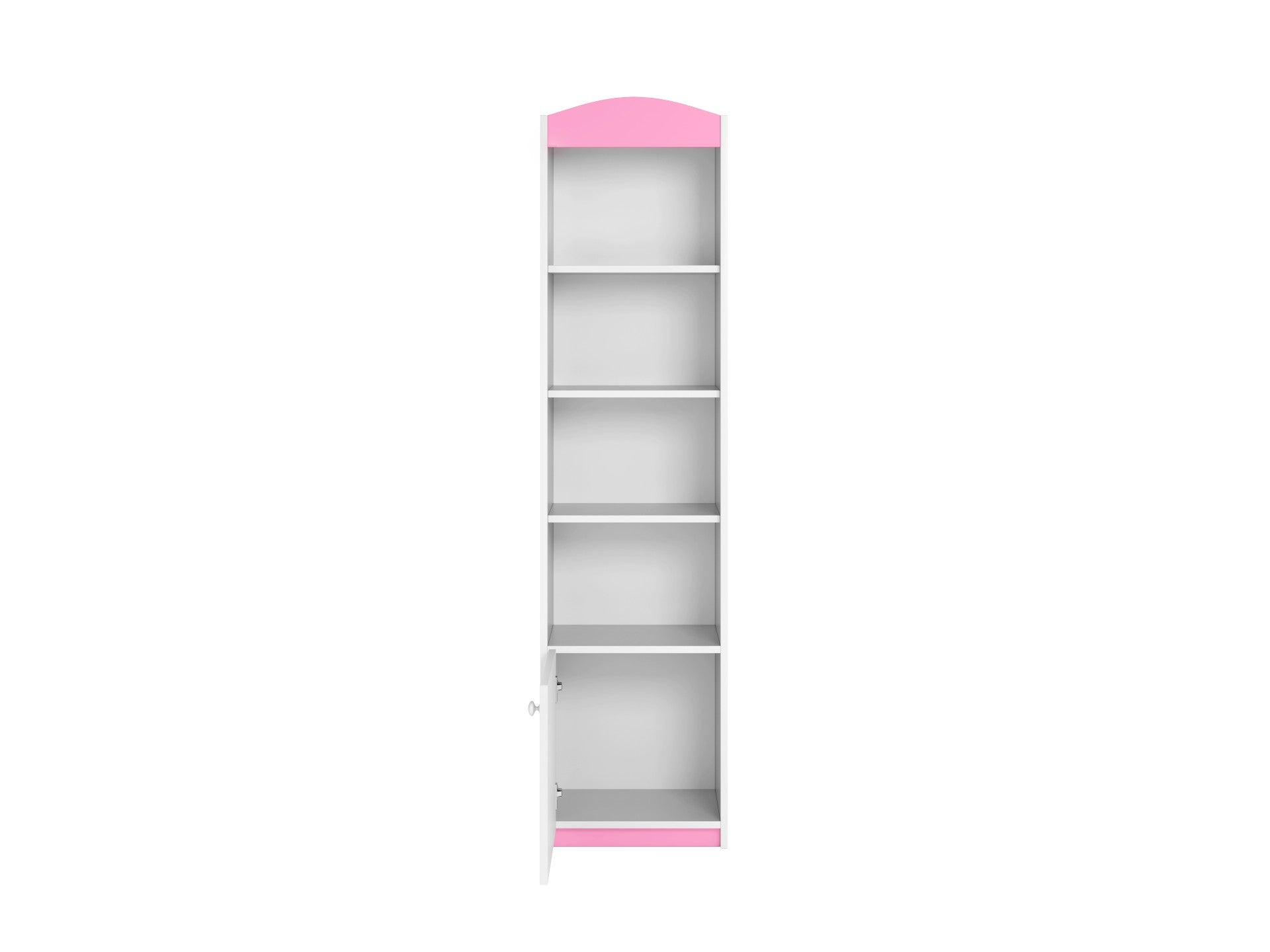 Pink and white tall kids shelf front view with multiple open shelves and closed storage