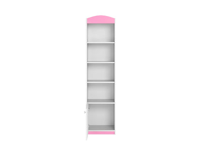 Pink and white tall kids shelf front view with multiple open shelves and closed storage