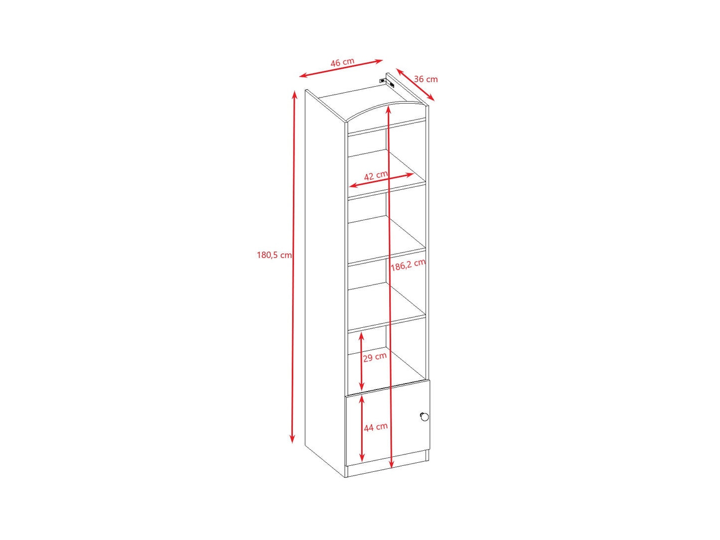 Babydreams shelf dimension diagram with measurements for height, width and shelf spacing