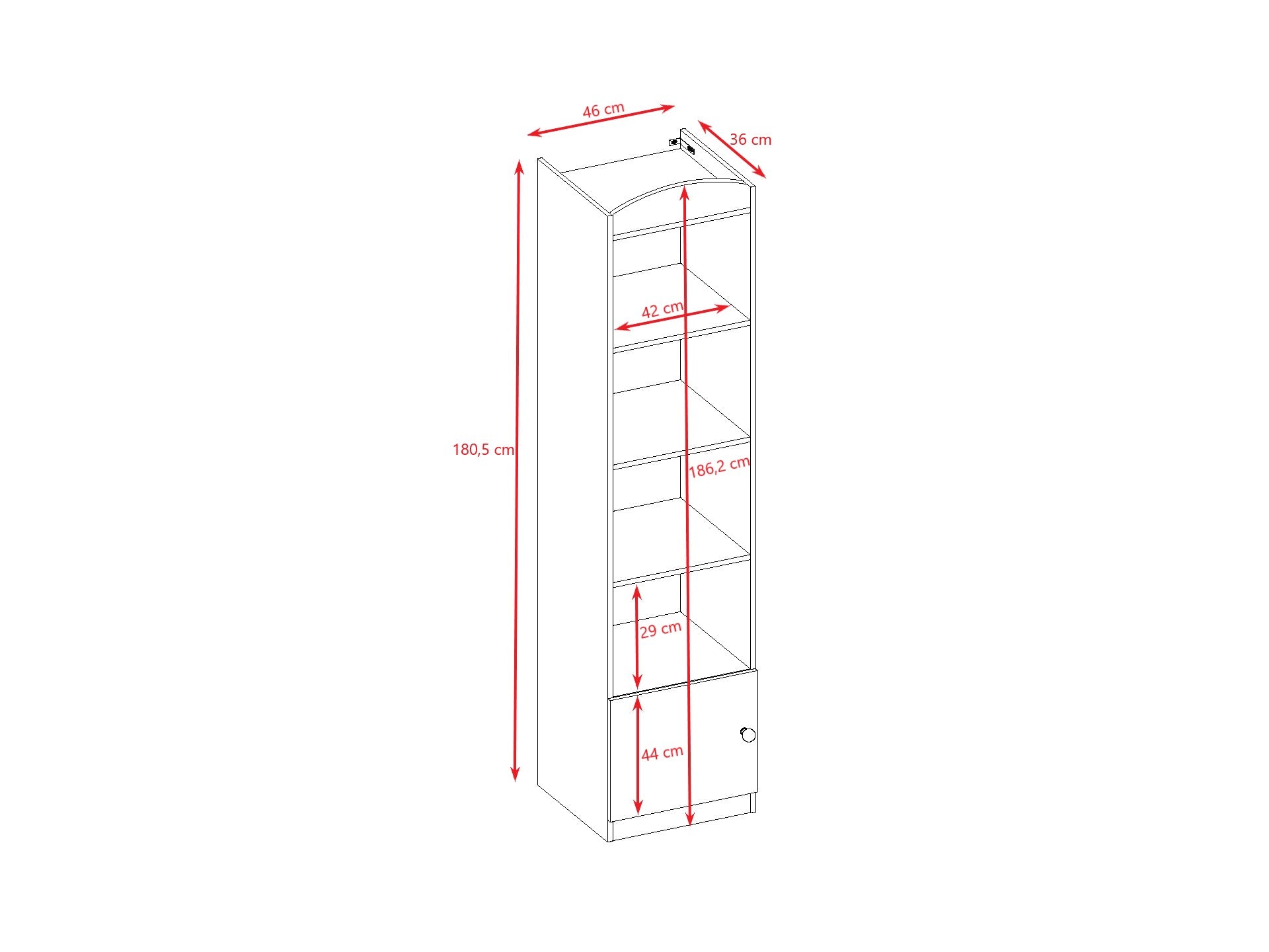 Babydreams shelf dimension diagram with measurements for height, width and shelf spacing