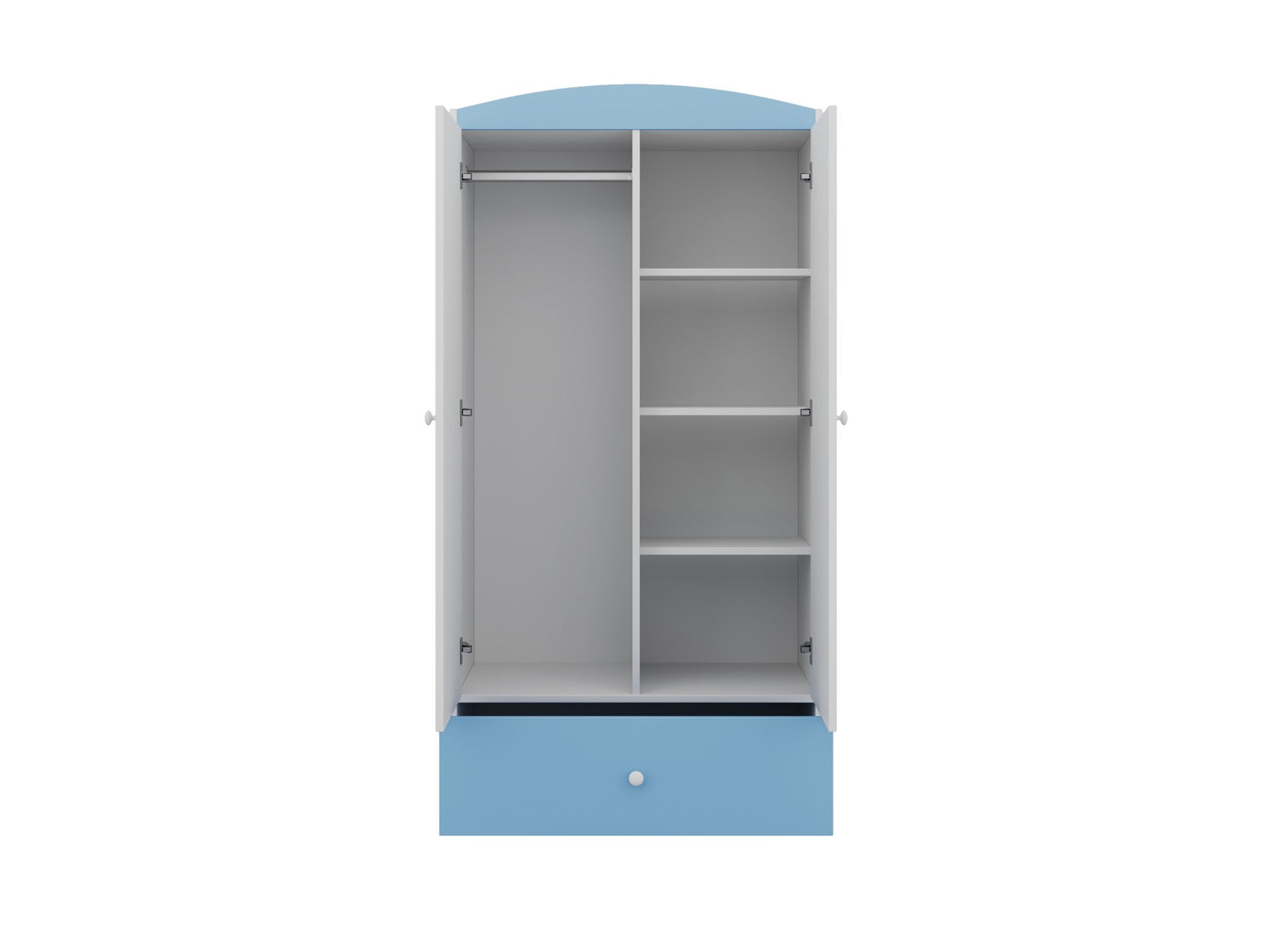 Kocot Kids Babydreams wardrobe with blue top, open doors showing hanging rail and shelves, drawer below