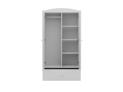 Kocot Kids Babydreams wardrobe in white with gray top, interior view of hanging rail and adjustable shelves