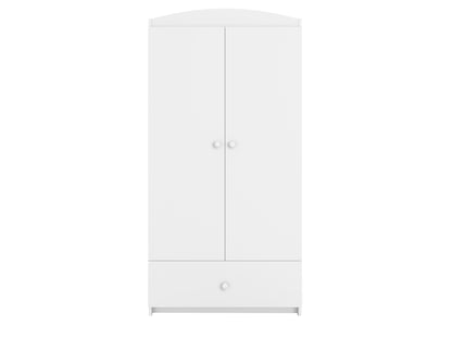 All-white Babydreams kids wardrobe with closed doors, curved top, and lower storage drawer