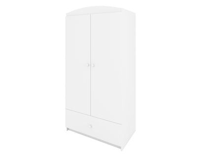 White Babydreams kids wardrobe front view, closed doors with curved top and lower drawer