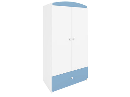 White and blue Babydreams wardrobe angled view showing curved top, two doors, and colored drawer base