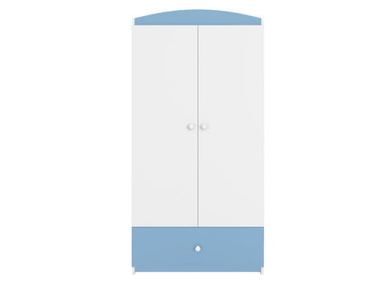 White Babydreams wardrobe with blue accents, front-facing view of two-door design and storage drawer