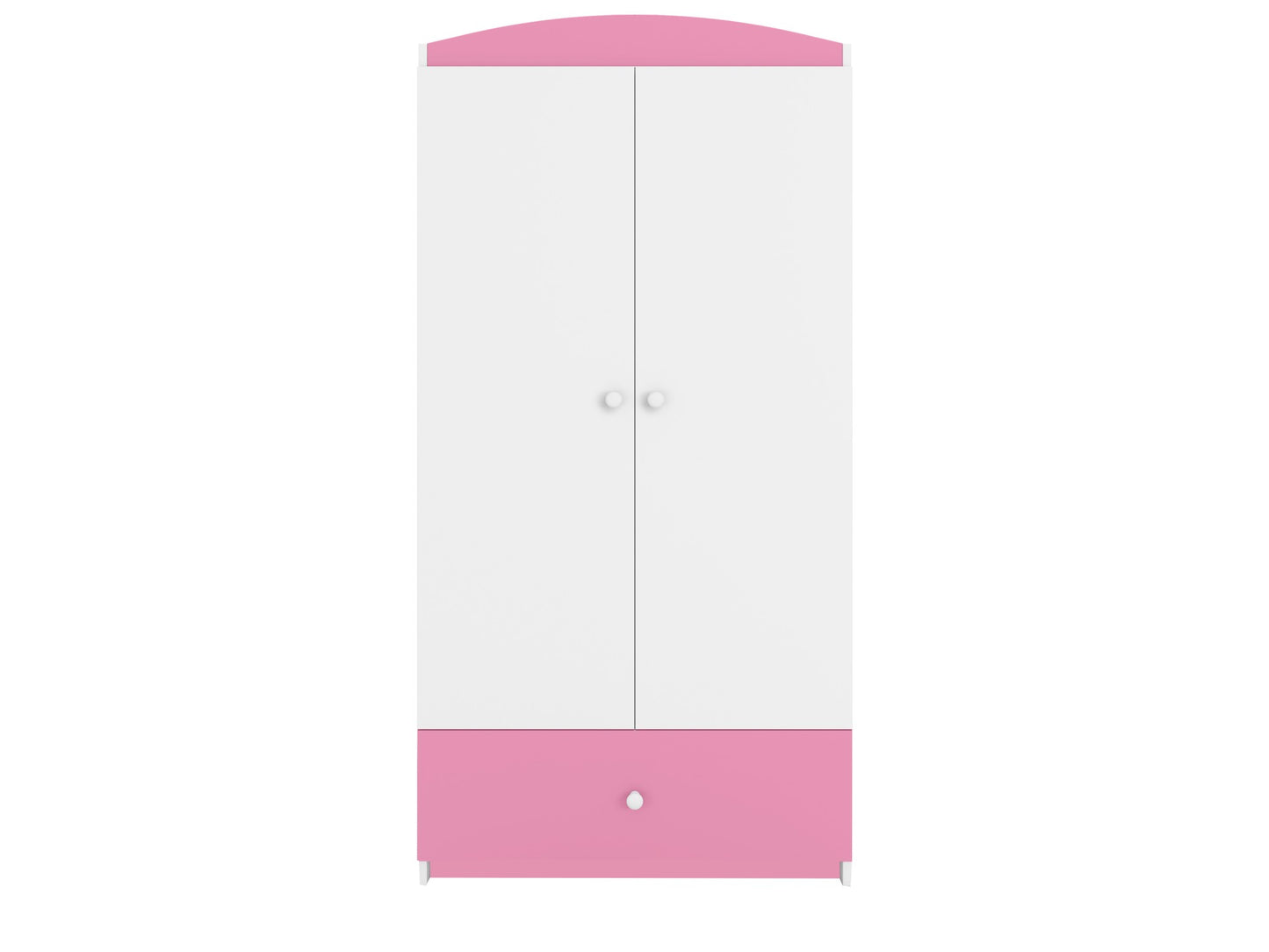 White and pink Babydreams kids wardrobe with curved top, two-door front and pink base drawer