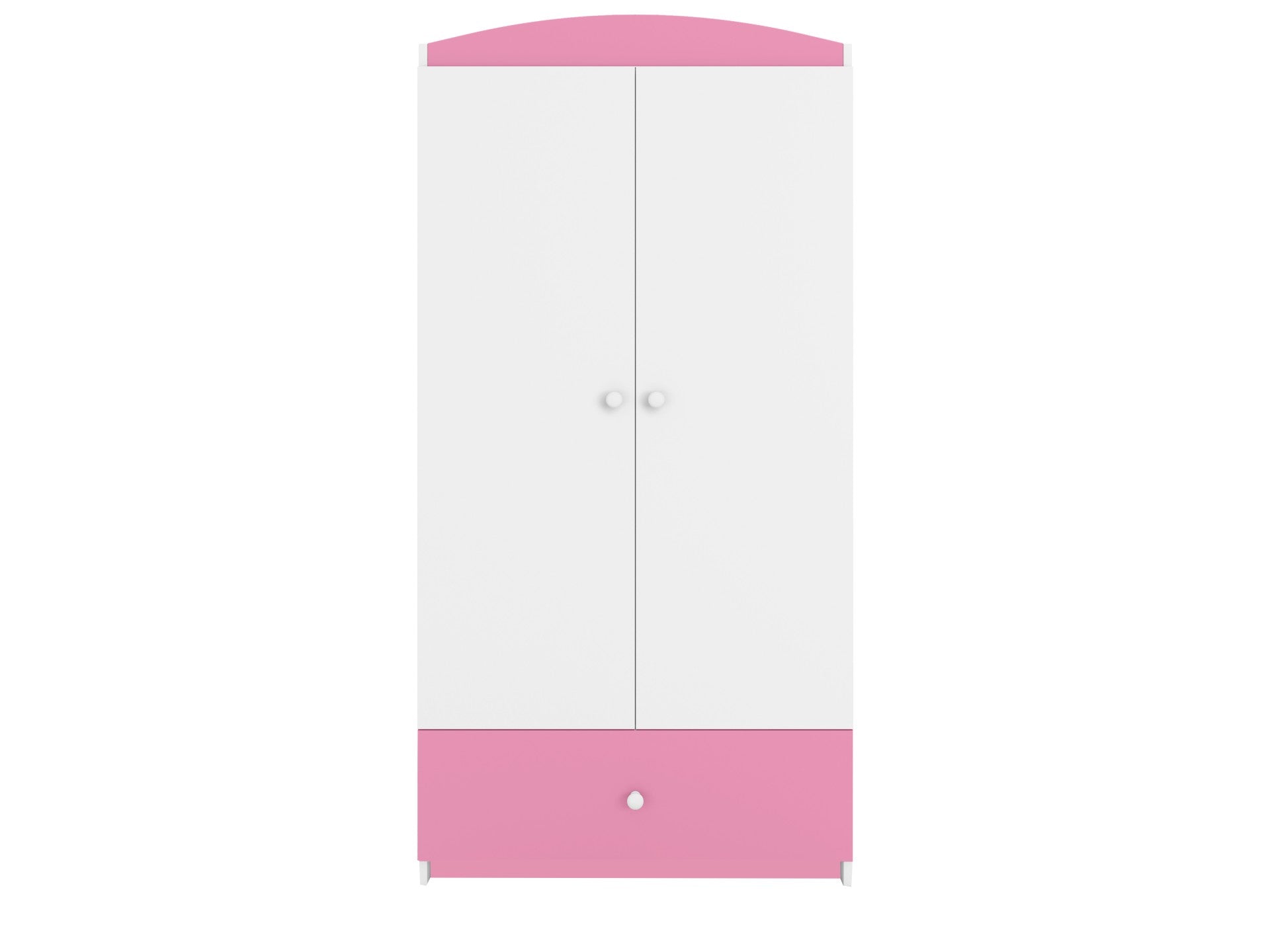 White and pink Babydreams kids wardrobe with curved top, two-door front and pink base drawer