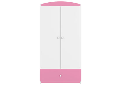 White and pink Babydreams kids wardrobe with curved top, two-door front and pink base drawer