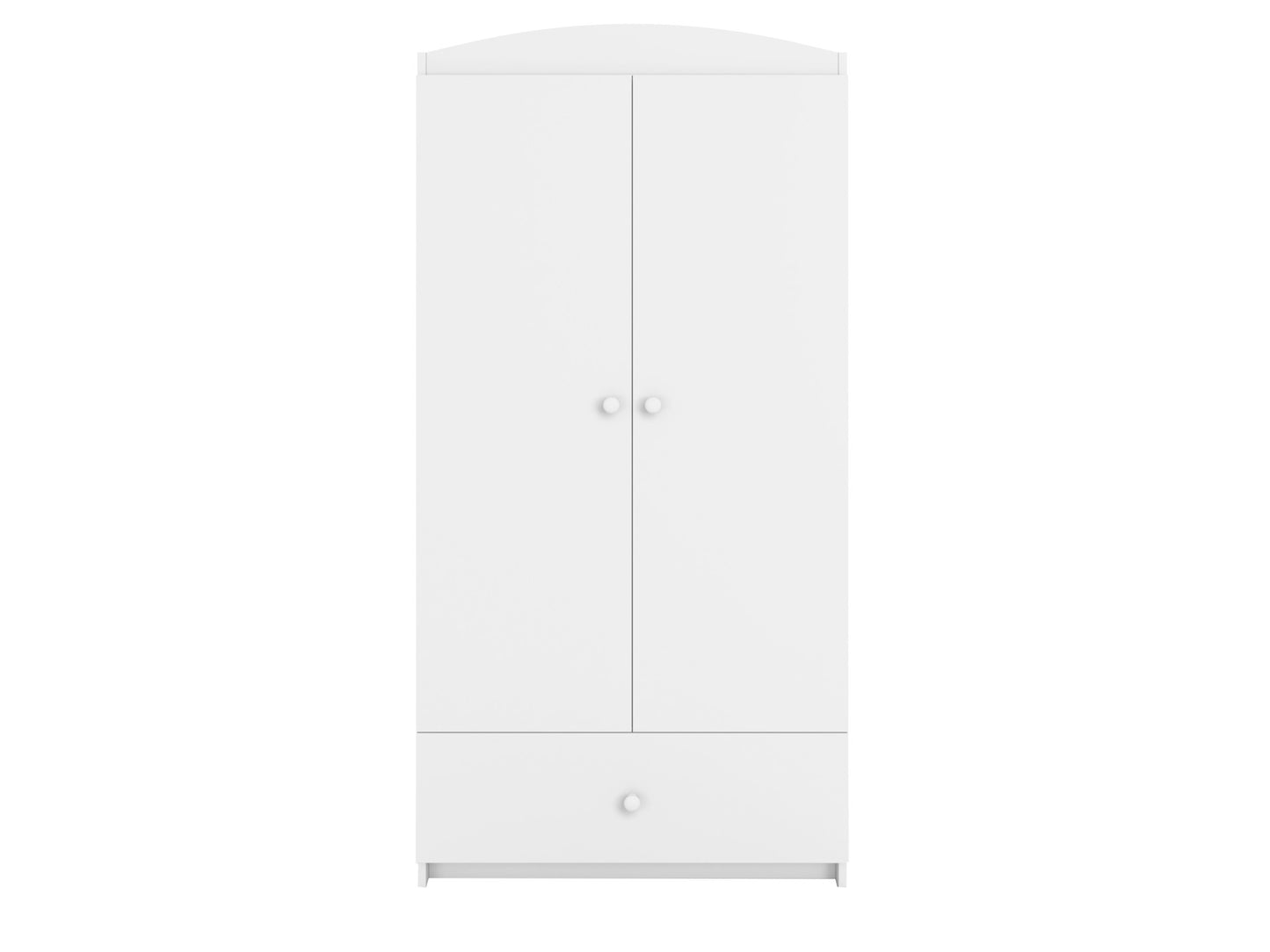 White Babydreams wardrobe closed doors, curved top, storage drawer at base, side profile view