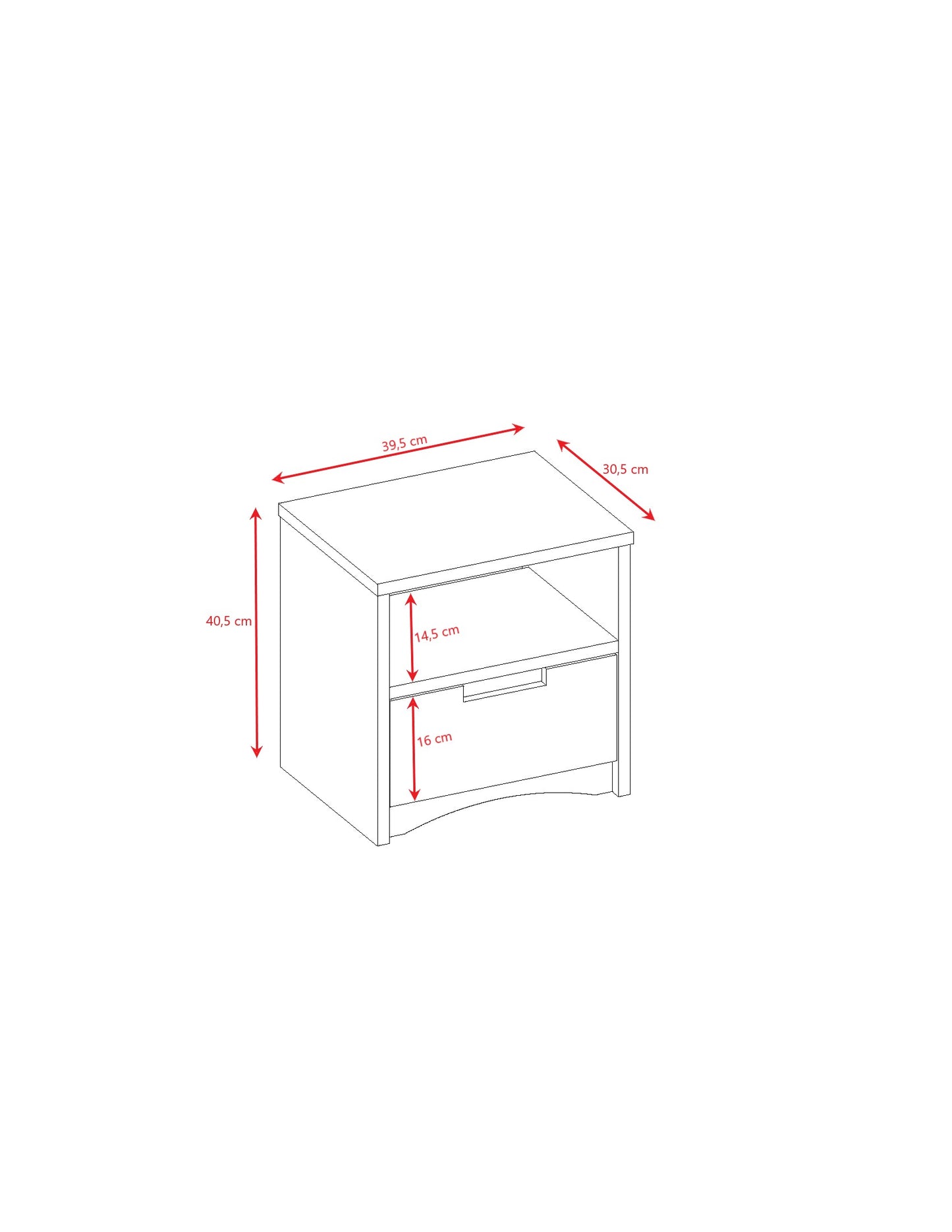 Dimension diagram of Classic nightstand showing height, width and depth measurements