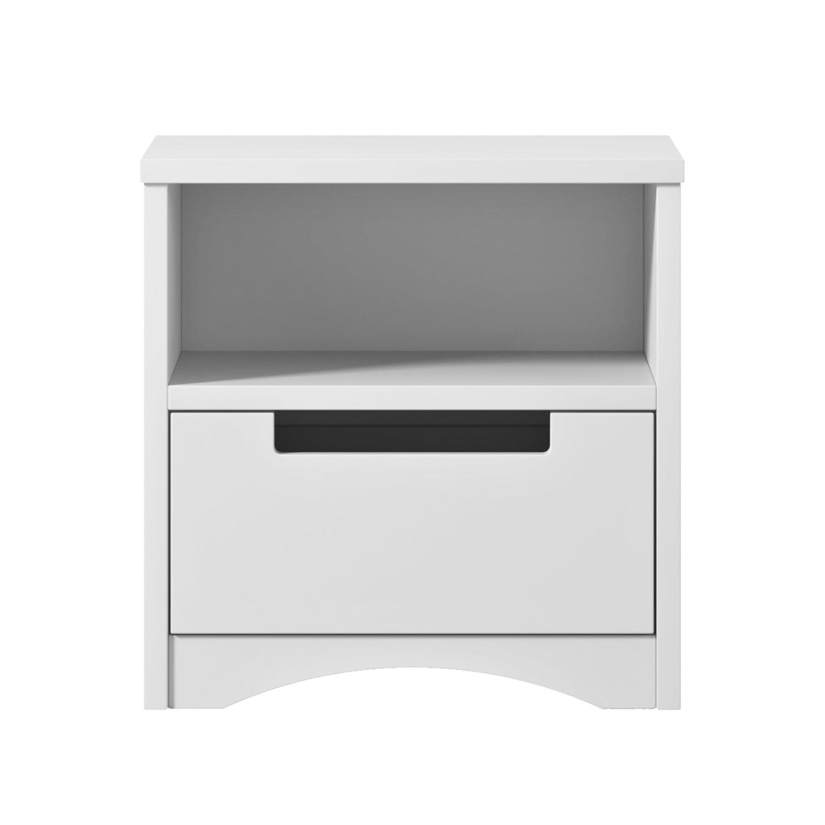 White kids bedside table front view with open upper shelf and lower drawer