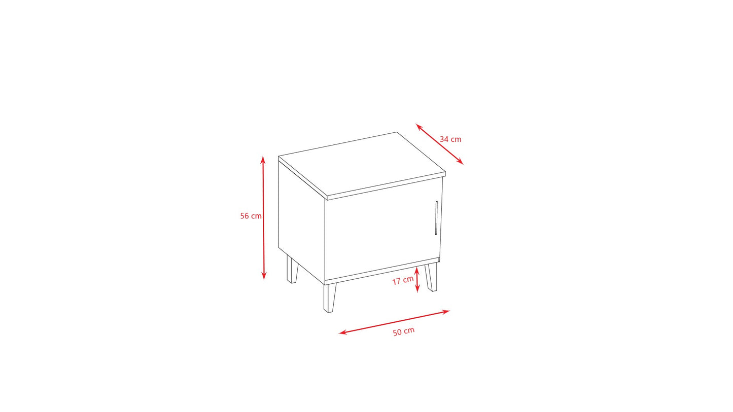 Kubi nightstand dimension diagram showing height, width and depth measurements