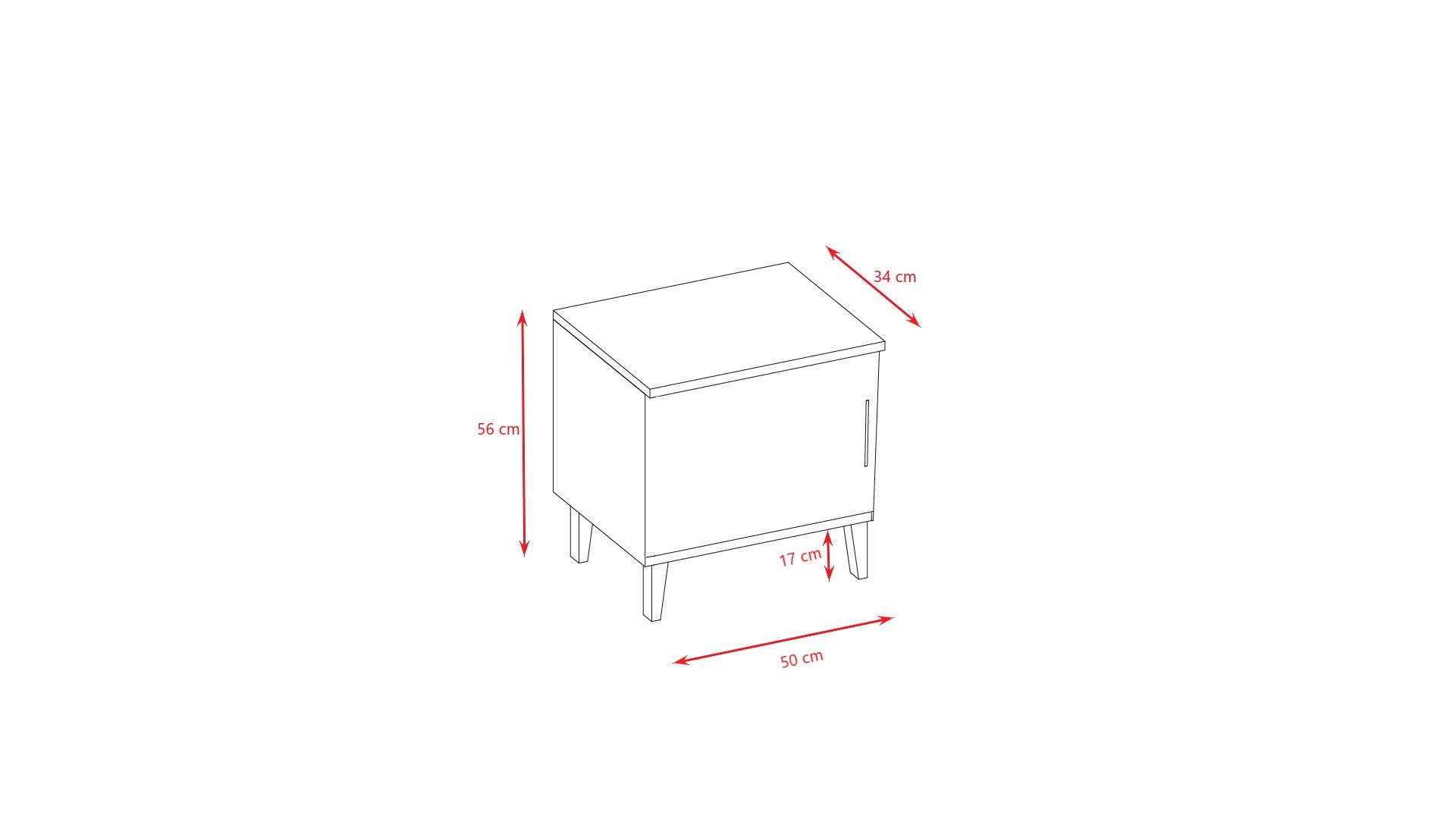 Kubi nightstand dimension diagram showing height, width and depth measurements