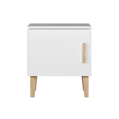 White Kubi bedside table front view with oak legs and minimalist push-to-open door