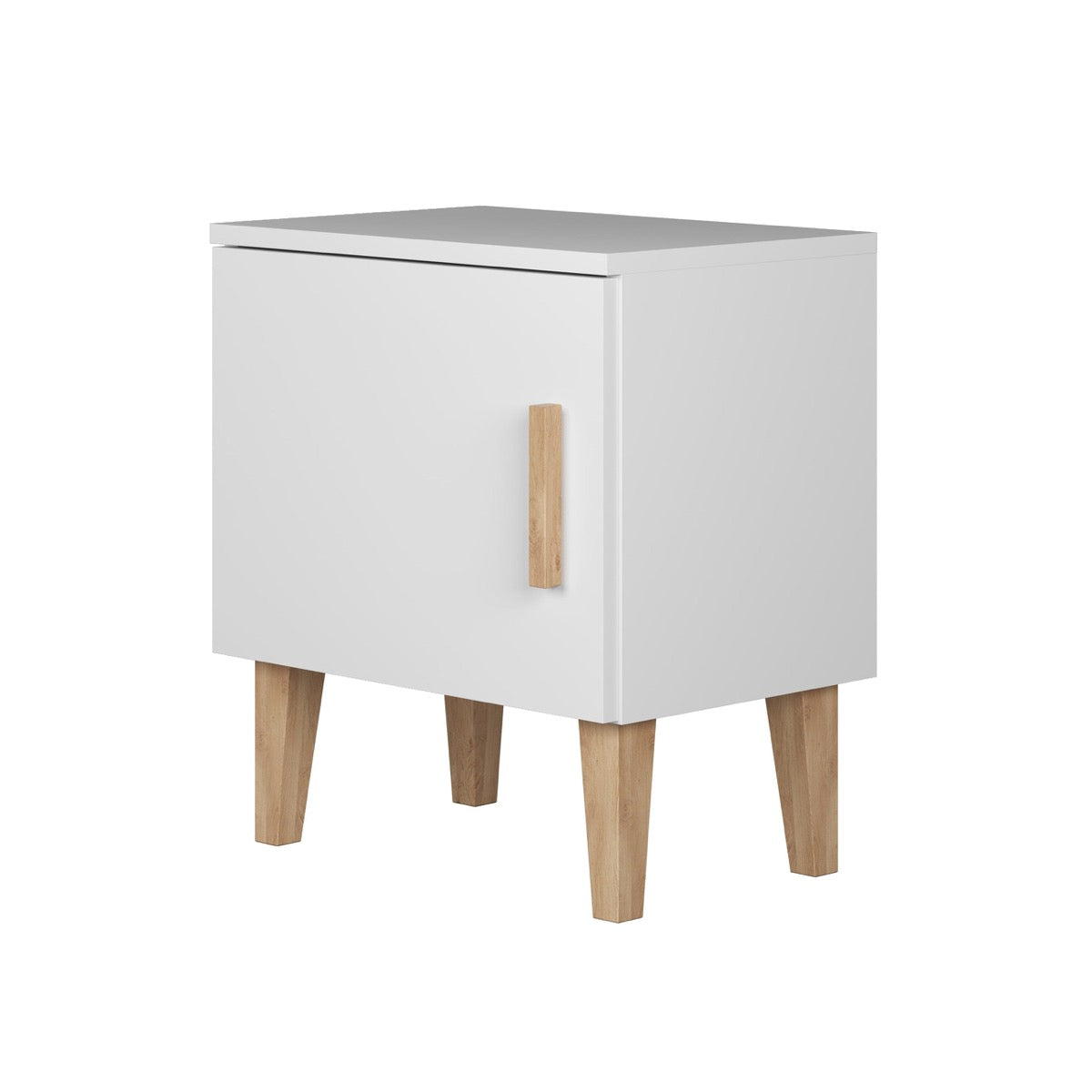 White Kubi bedside table side view showing oak legs and wooden door handle
