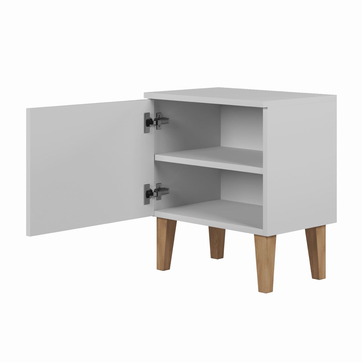 Kubi bedside table interior with open door revealing two storage shelves