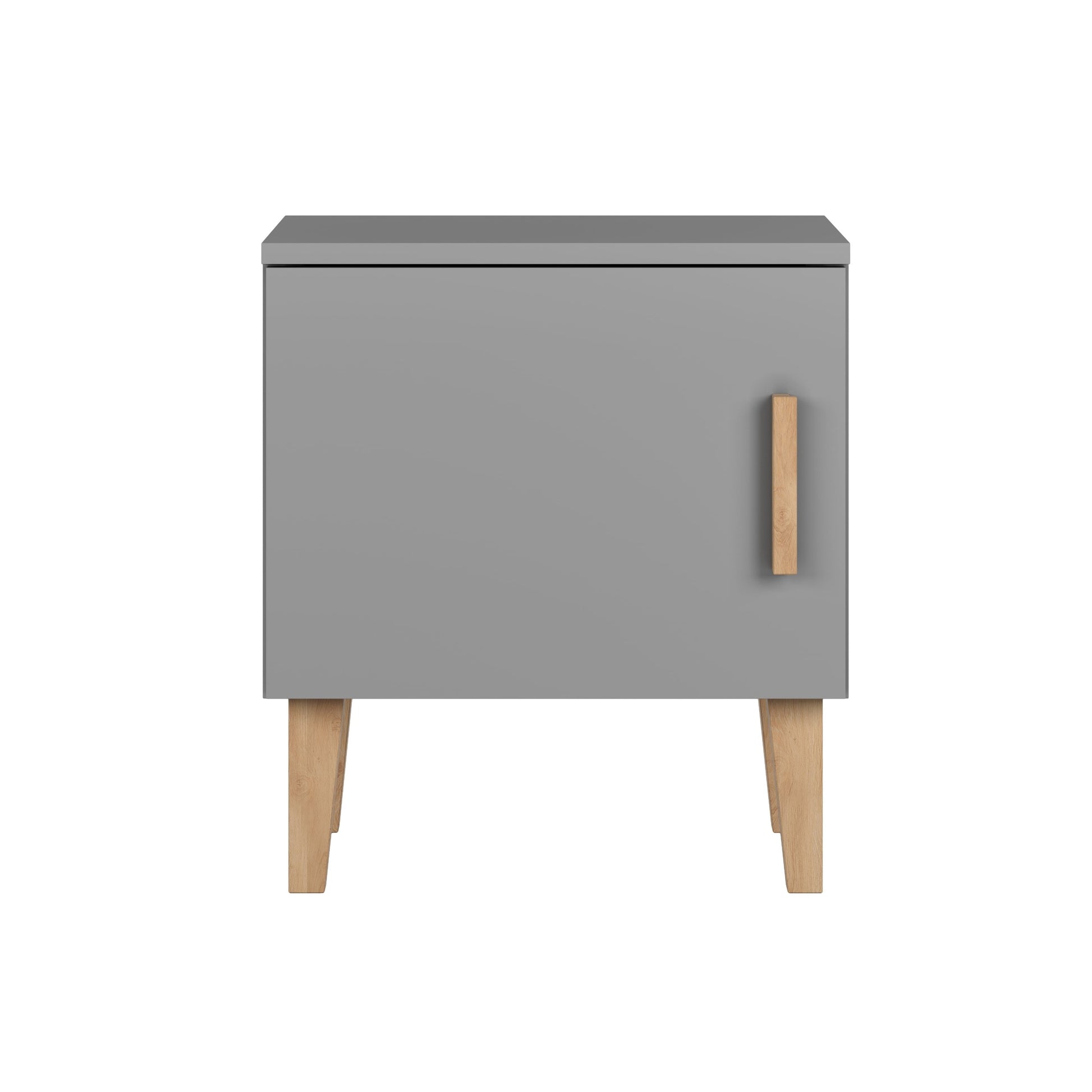 Grey Kubi bedside table top view showing door with oak wood handle detail