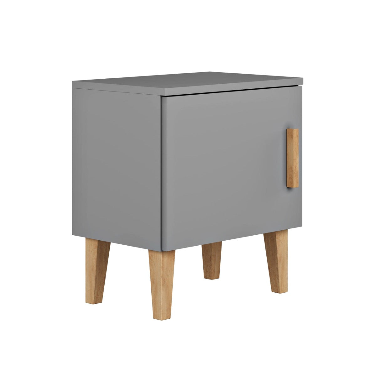 Grey Kubi bedside table with oak legs and wooden handle, angled view