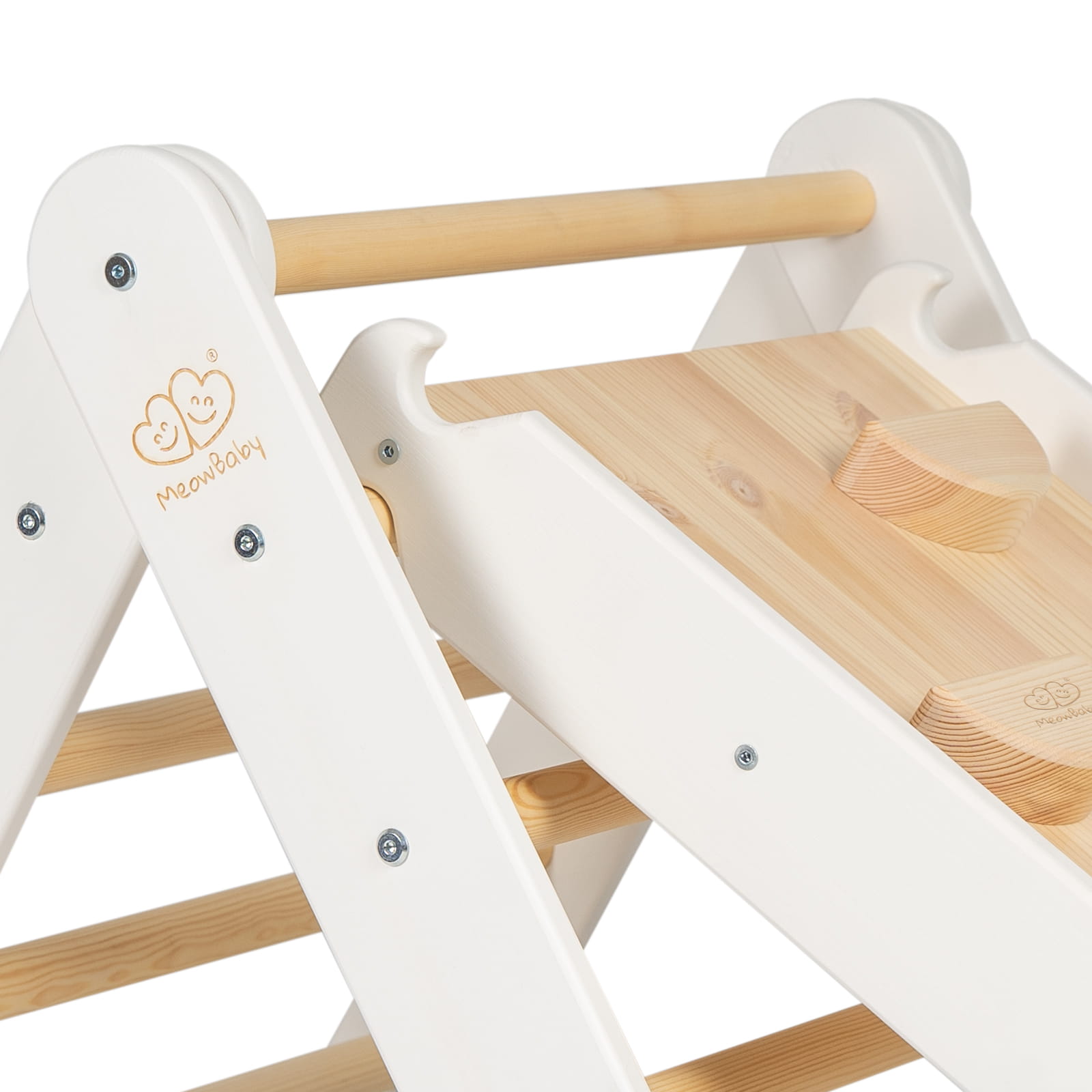 White ladder with natural wood slide attached, assembled 2-in-1 structure