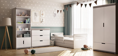 Tomi white bookshelf as part of complete kids bedroom furniture collection with matching dresser and wardrobe