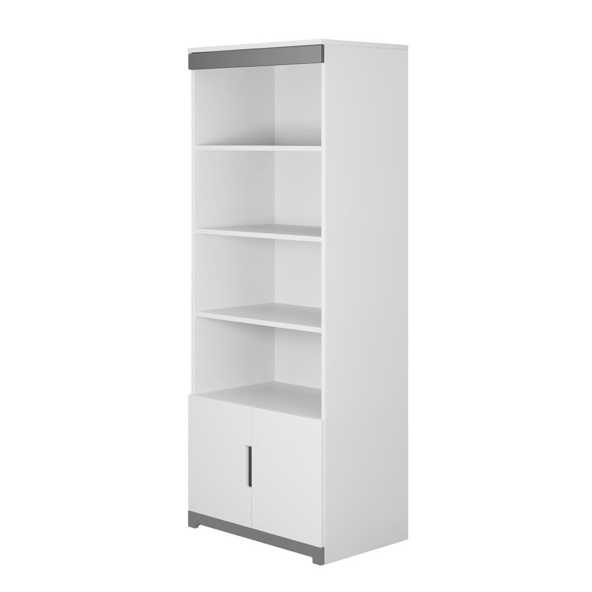 Front view of empty white Tomi bookshelf with four shelves and lower cabinet door
