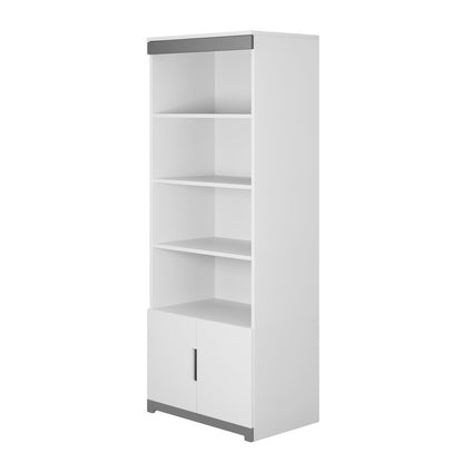 Front view of empty white Tomi bookshelf with four shelves and lower cabinet door