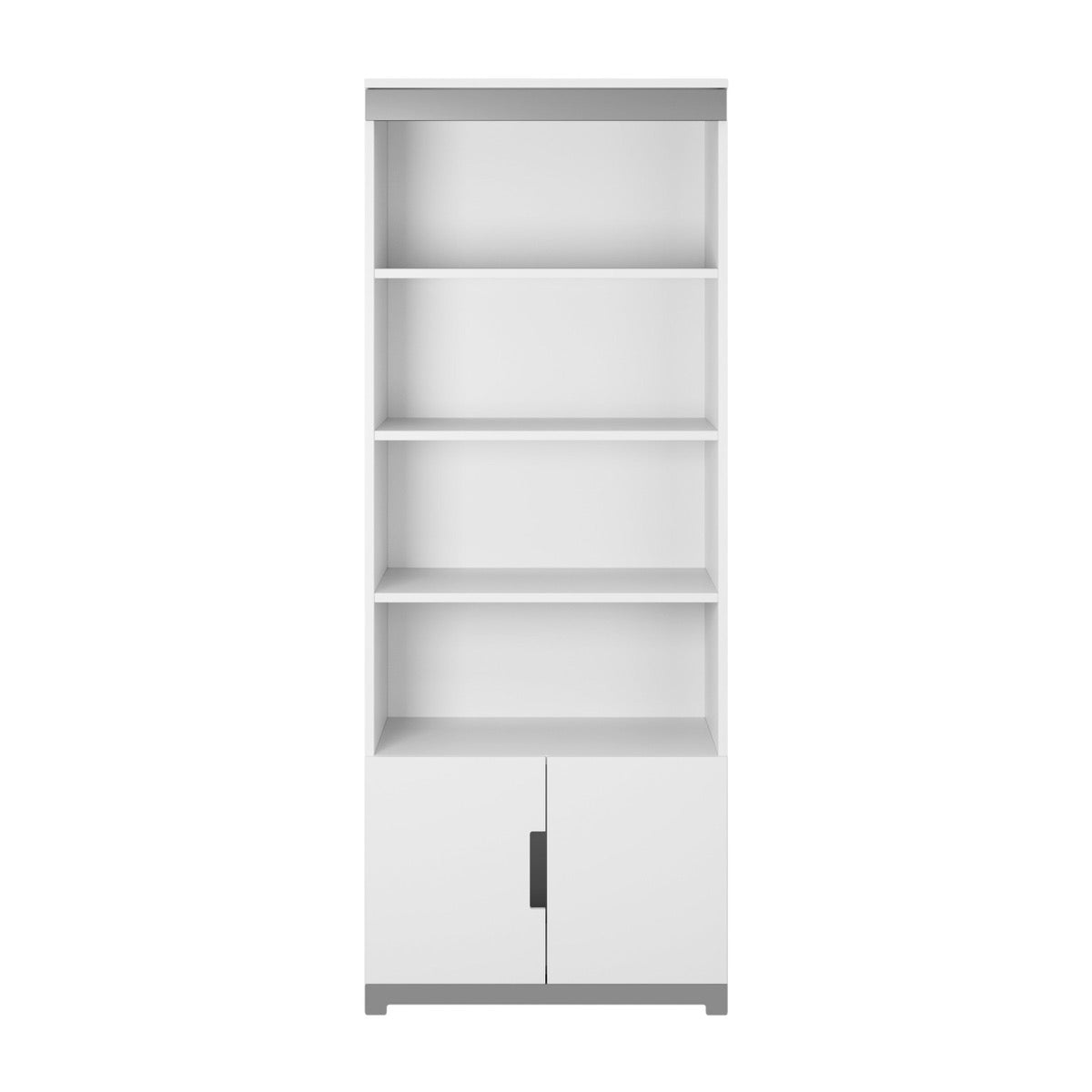 Tomi white bookshelf front view showing four open shelves and closed lower storage cabinet
