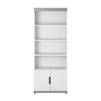 Tomi white bookshelf front view showing four open shelves and closed lower storage cabinet