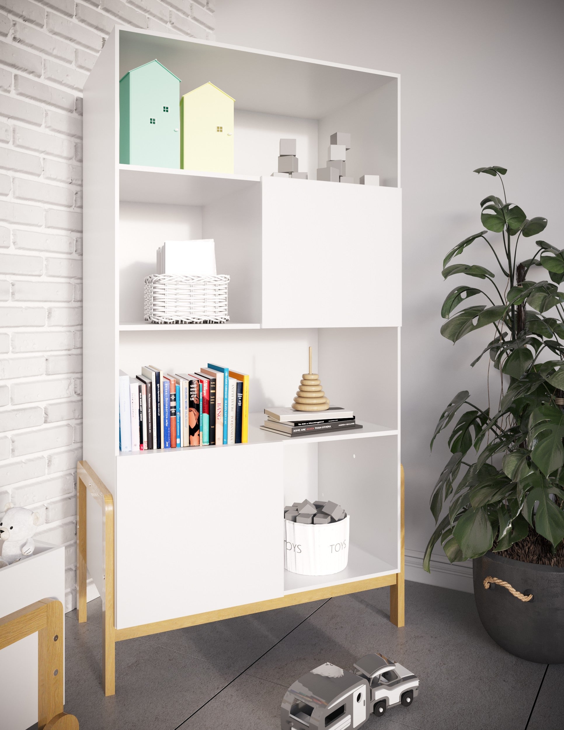 Bookshelf Victor Kids Scandinavian Bookcase Oak Legs – angle view bookshelf books toys | Nestling