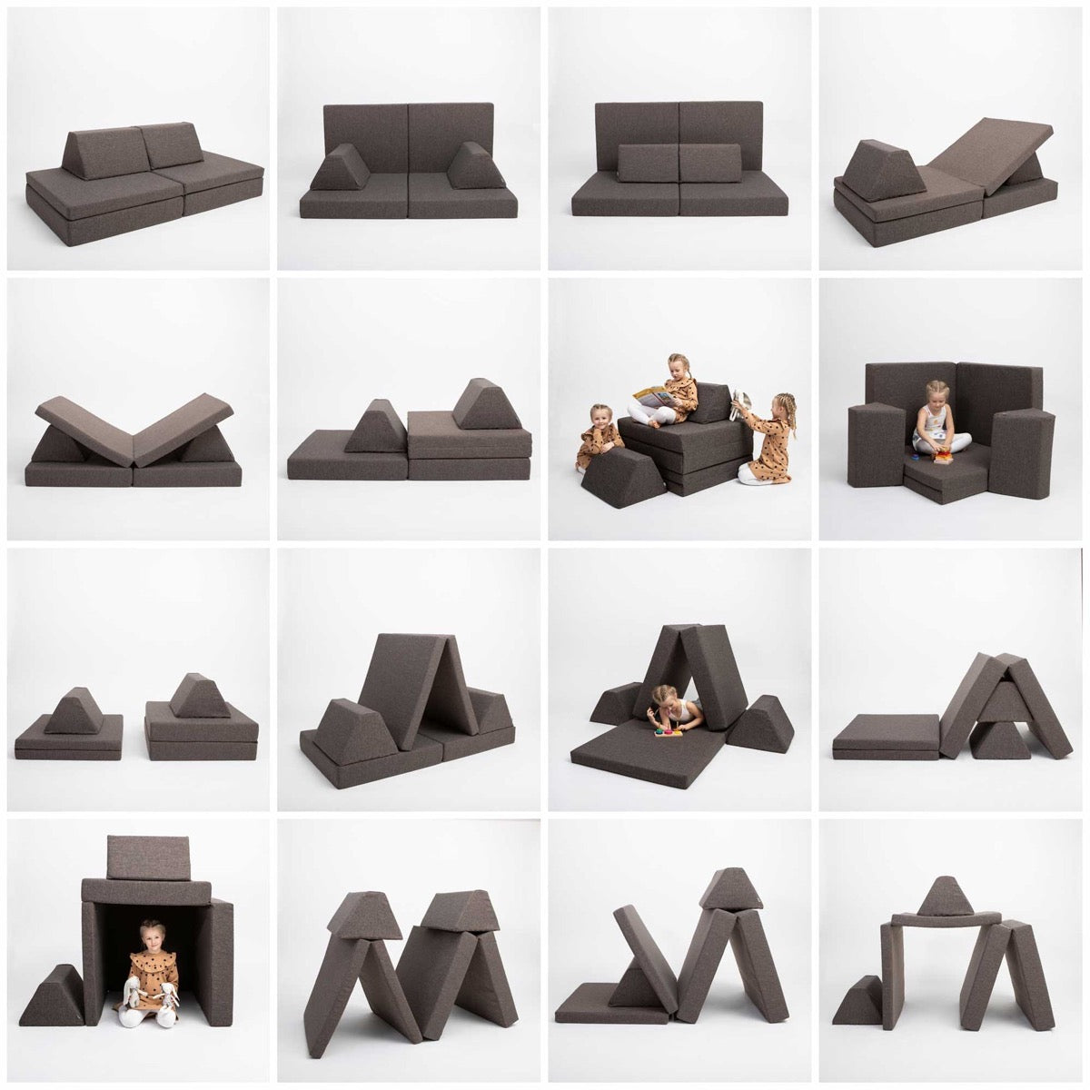 Grid of 16 configurations showing dark brown foam furniture transformed into sofa, tent, gym and play structures