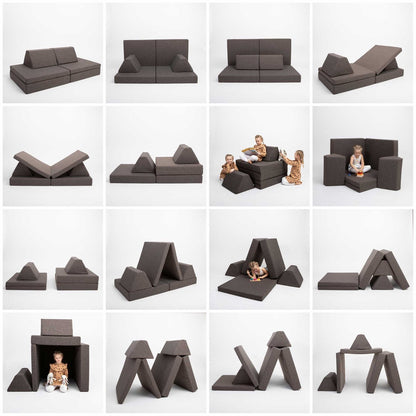 Grid of 16 configurations showing dark brown foam furniture transformed into sofa, tent, gym and play structures