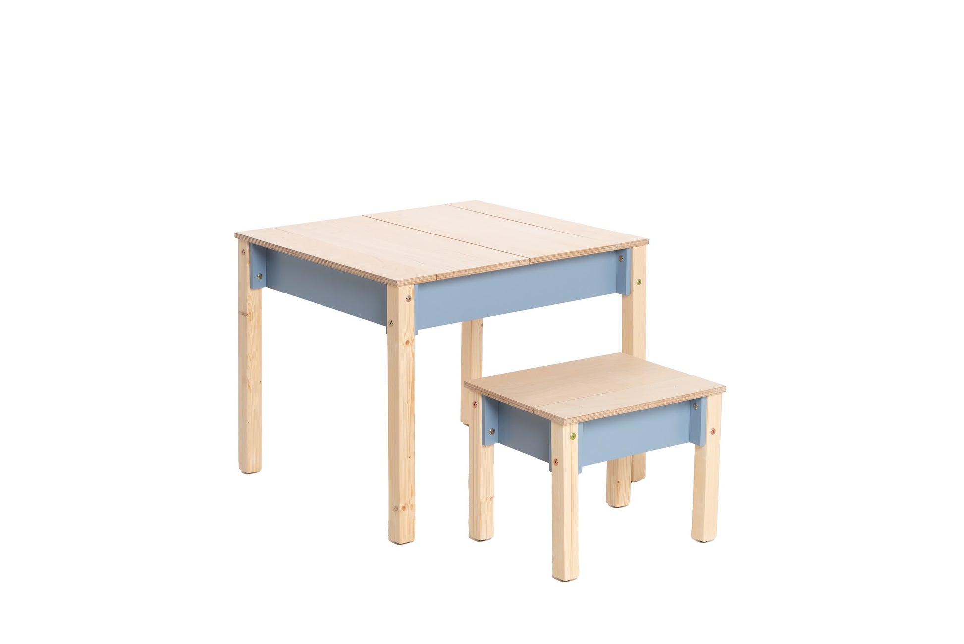 Kids table and chair set with blue storage drawer and natural wood top
