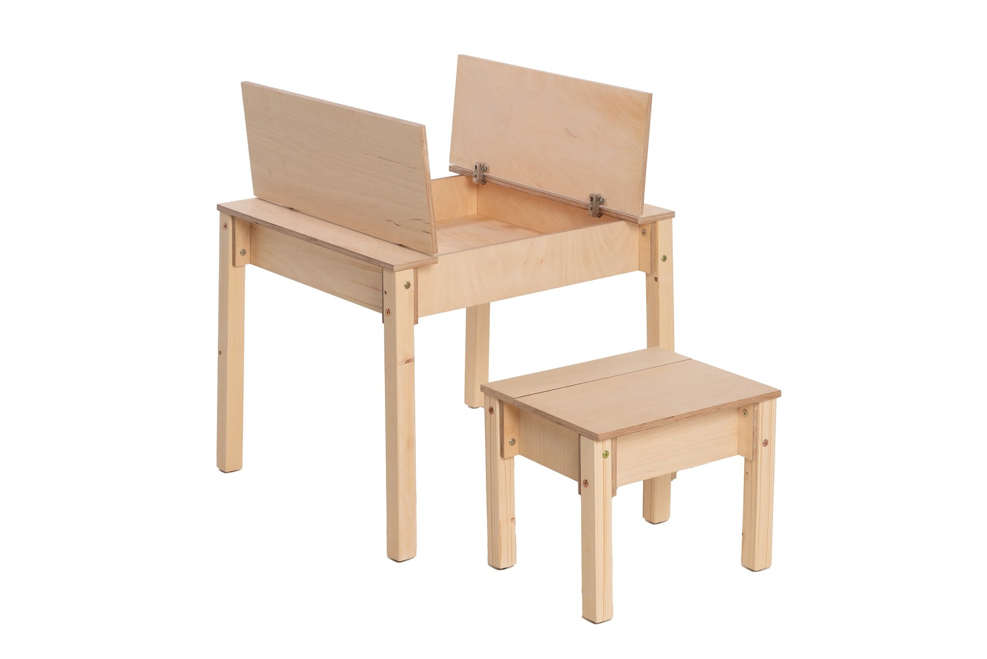 Natural wood table with hinged storage top and matching small chair set
