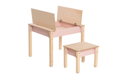 Kids storage table with pink drawer in natural wood and light finish