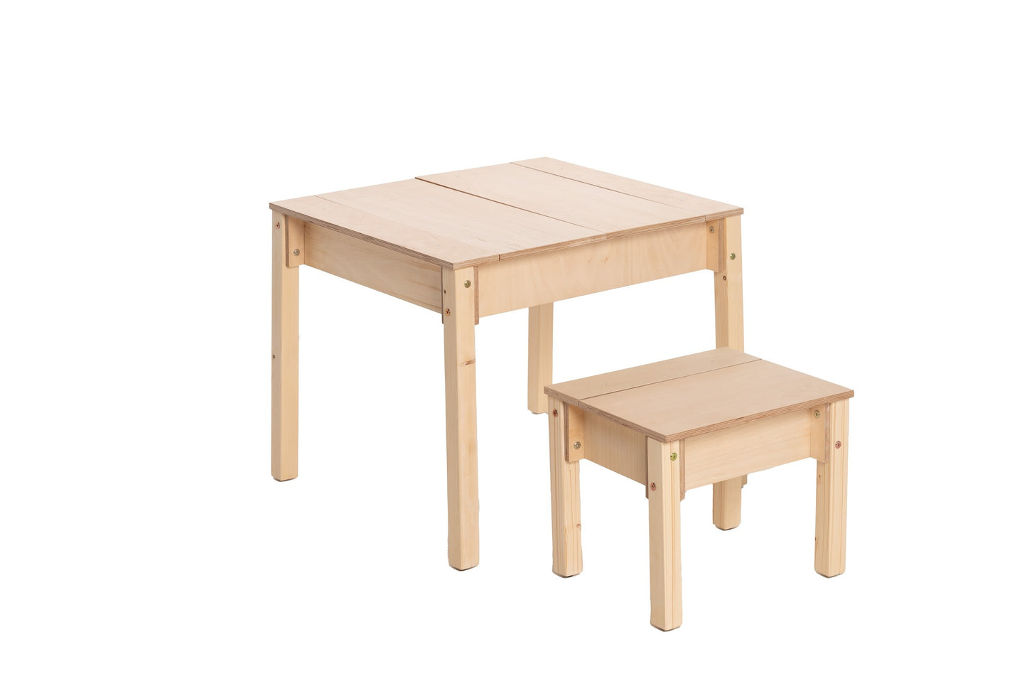 Natural wood children's table featuring black storage drawer and open top