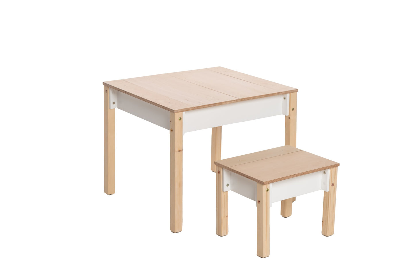 Wooden kids table with gray storage compartment and hinged lid design