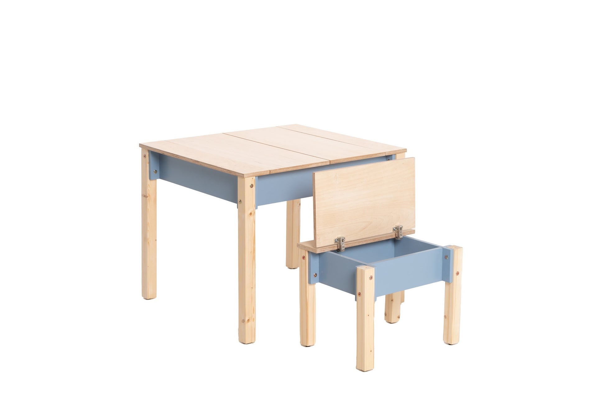 Child reading at natural wood table with storage drawer and hinged top