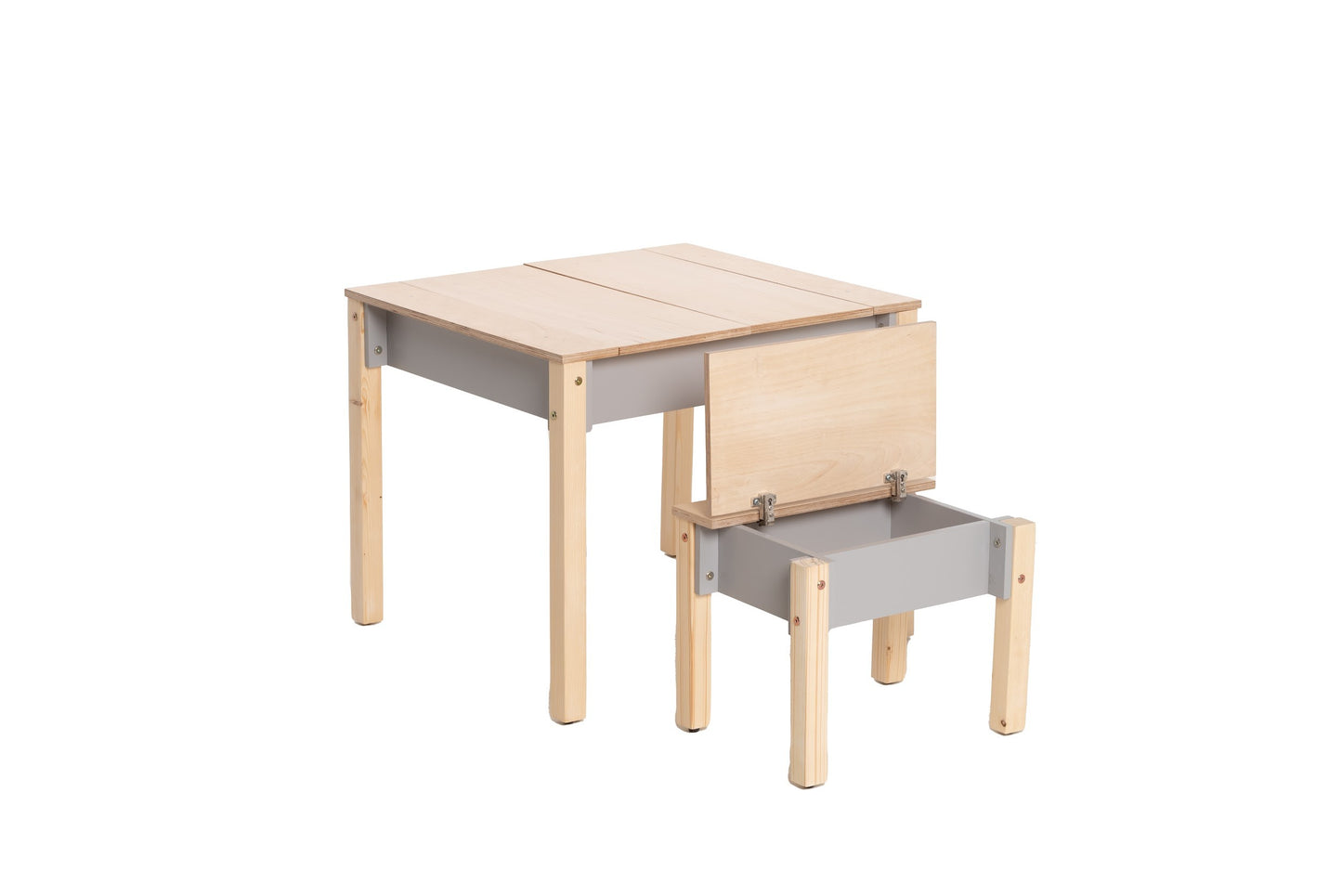 Natural wood table and chair set with pink drawer storage for children