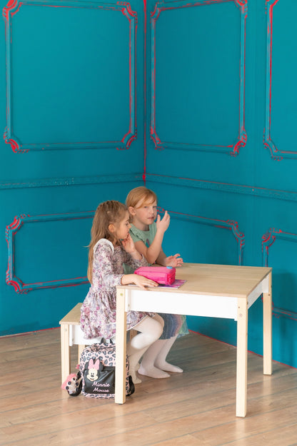 Wooden kids table with gray storage compartment and hinged lid included