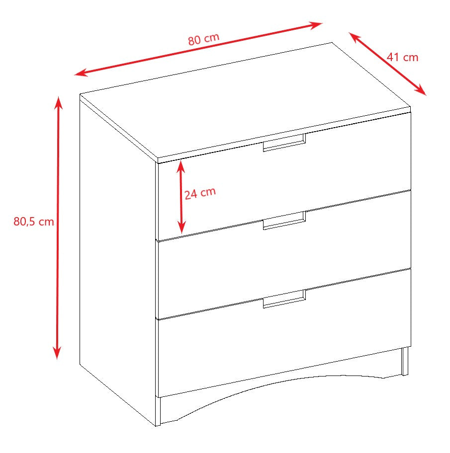 Dimension diagram showing chest of drawers measurements: 80cm wide, 41cm deep, 80.5cm tall