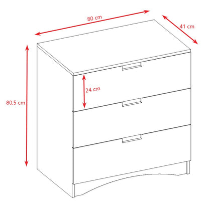 Dimension diagram showing chest of drawers measurements: 80cm wide, 41cm deep, 80.5cm tall