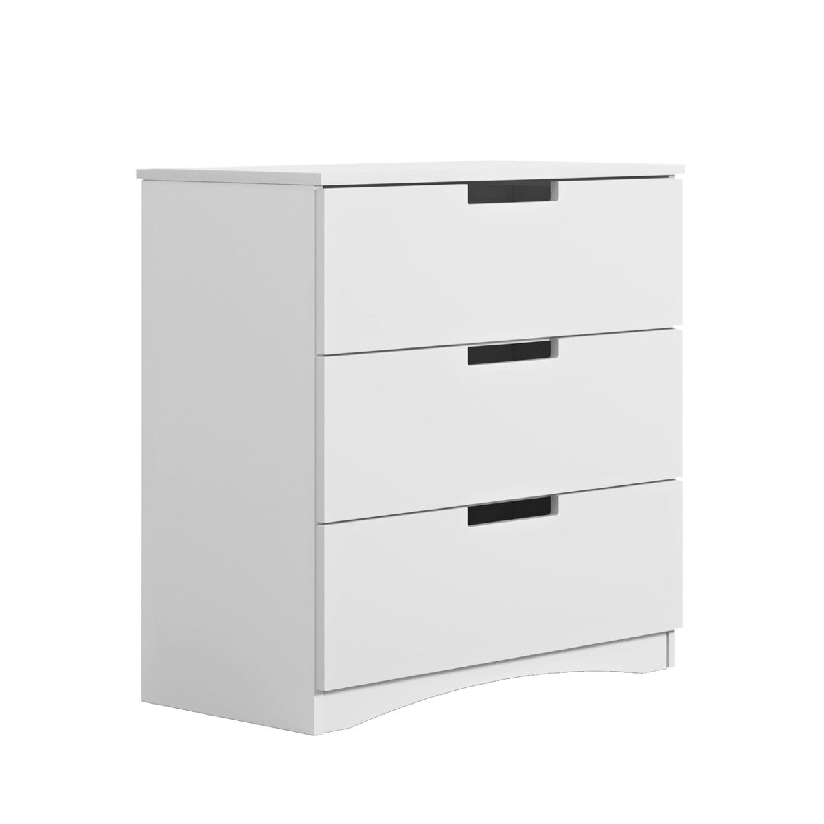 White classic chest of drawers with three drawers, side angle view