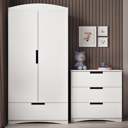 White classic chest of drawers next to white wardrobe in contemporary kids room