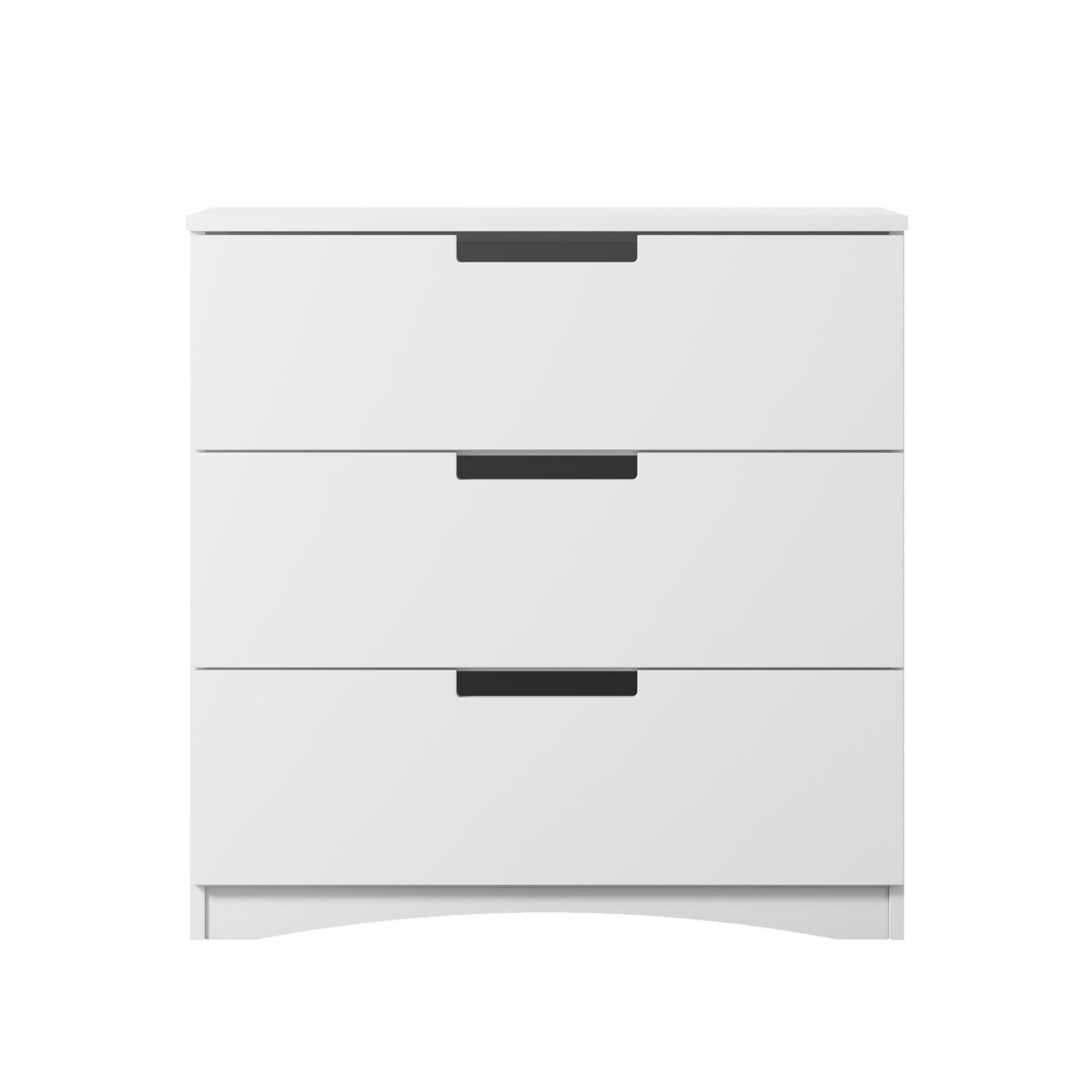 White classic chest of drawers with three drawers and curved base detail, front view