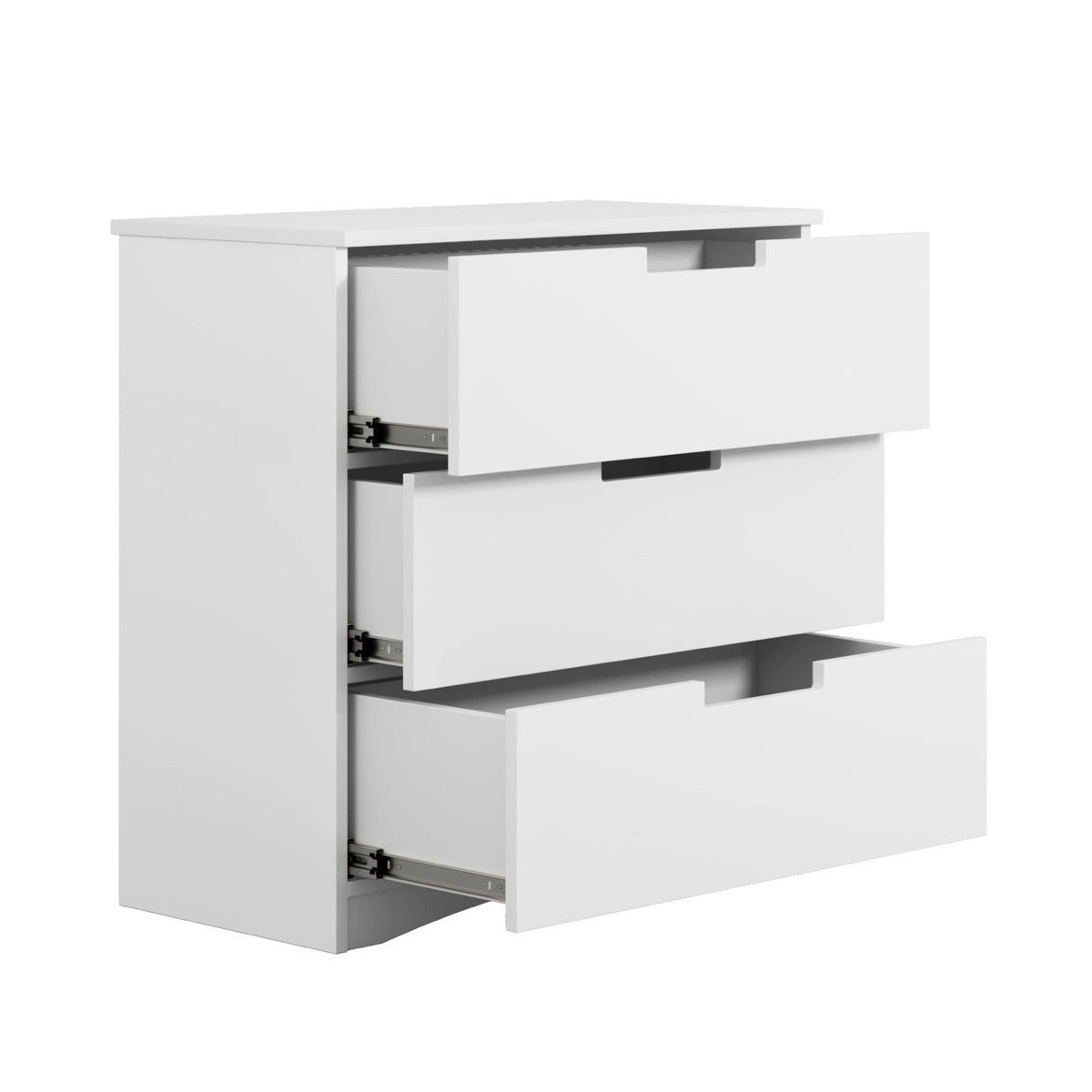 White classic chest of drawers with three drawers fully extended showing ball-bearing slides