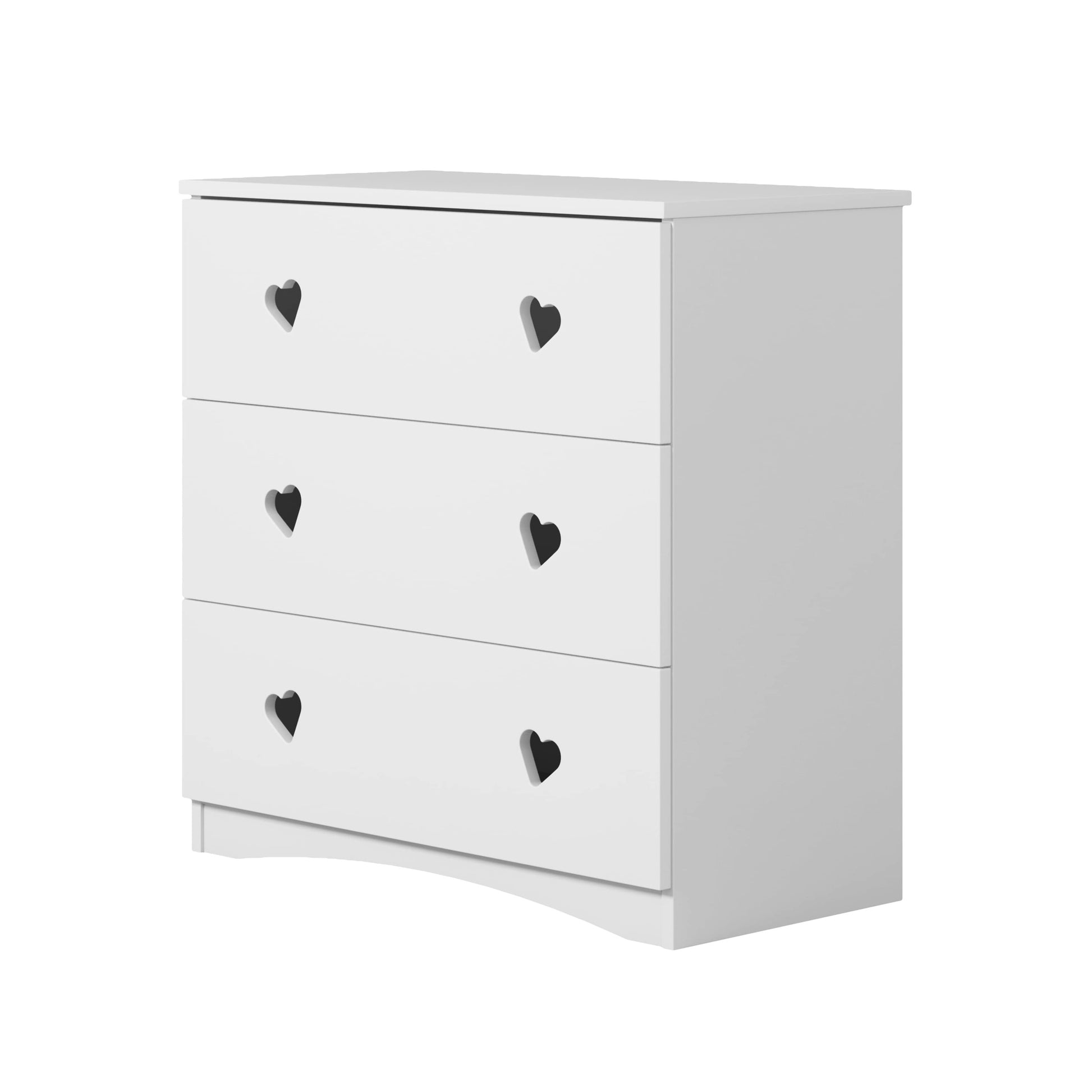 White kids dresser front view showing three drawers with black heart handles