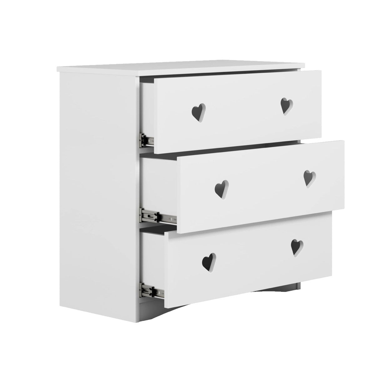 Julia chest of drawers with open drawers revealing ball-bearing slides mechanism