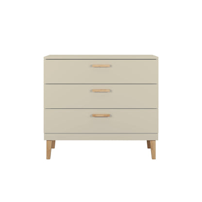 Closed cashmere Kubi three-drawer chest with oak handles and Scandinavian-style wooden legs