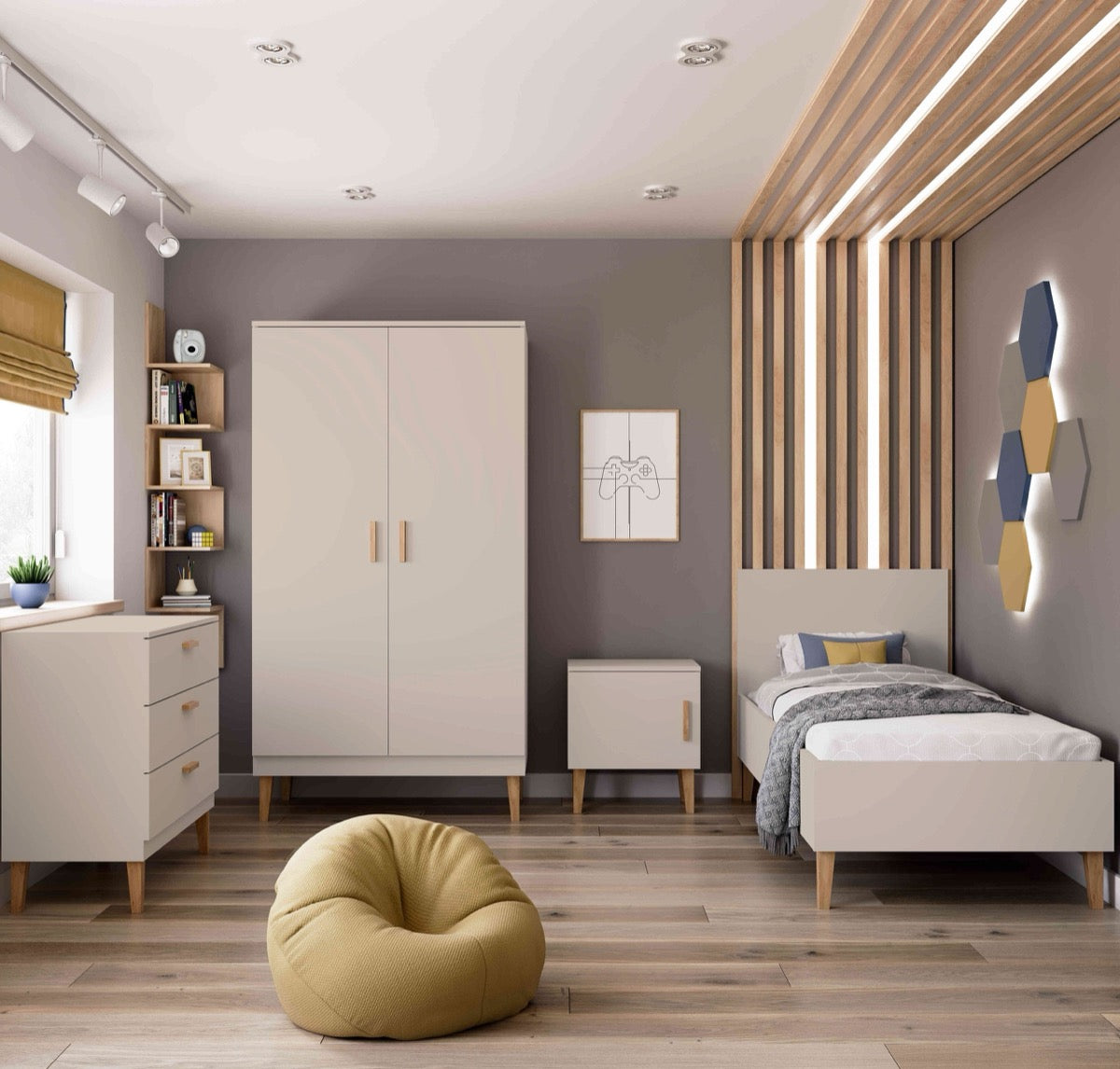 Cashmere Kubi chest of drawers styled in modern child's bedroom with matching furniture and decor